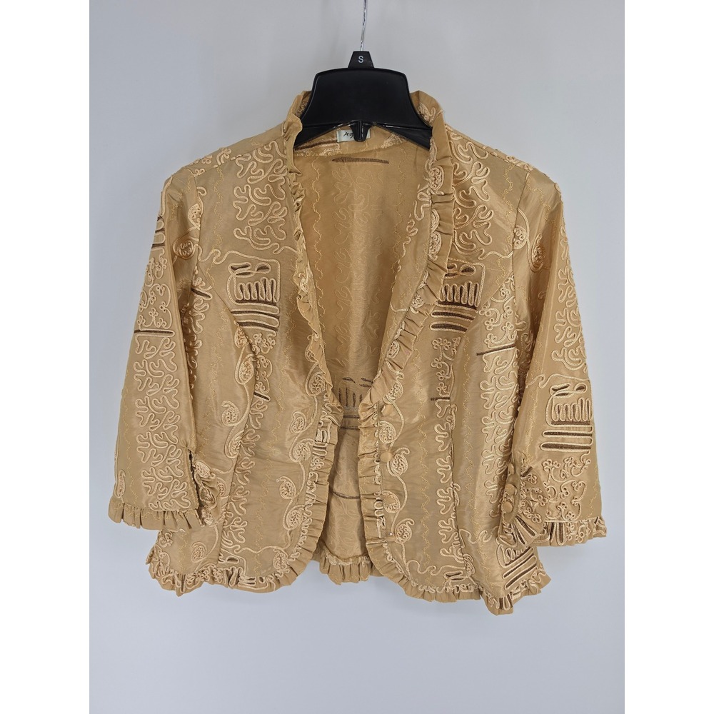 Agora Gold Embroidered Ruffle Blazer Jacket Soutache 3/4 Sleeve Women Small